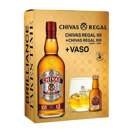 Whisky Chivas Regal 12 750cc 40° + Whisky Chivas Extra 13 años 50cc 40° + Vaso Chivas Regal